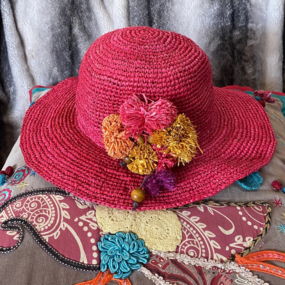 Flora Bella Handmade Luxury Resort Wear Red Raspberry Embellished Hat NeverUsed